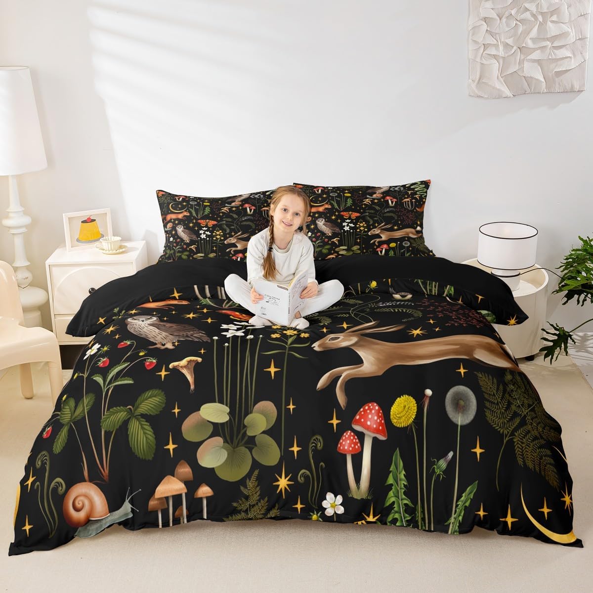 Cartoon Mushroom Duvet Cover Twin Size 2 Pcs Cute Rabbit Owl Wild Animals Bedding Set for Kids Teens Adults Glitter Moon Stars Rustic Jungle Style Quilt Cover with 1 Pillowcase(No Comforter)