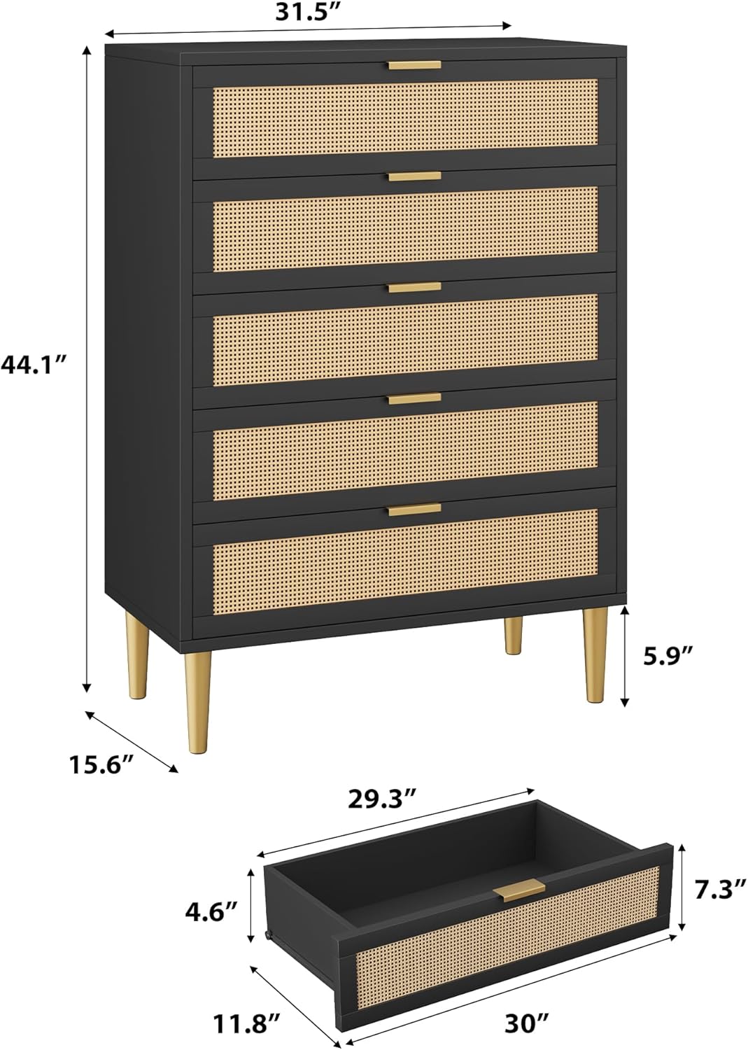 IDEALHOUSE Rattan 5 Drawer Dresser, 44'' Tall Narrow Chest of Drawer, Farmhouse Wooden Vertical Dresser with Metal Legs and Handles, Modern Cabinet for Bedroom, Living Room, Black