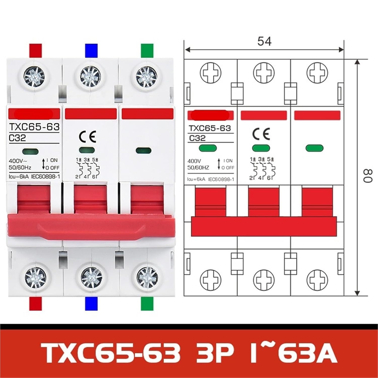 6KA MCB C65N-63 Miniature Circuit Breakers AC 400V 1P 2Pole 3P 4P 1Pcs(2 Pole,C40A)