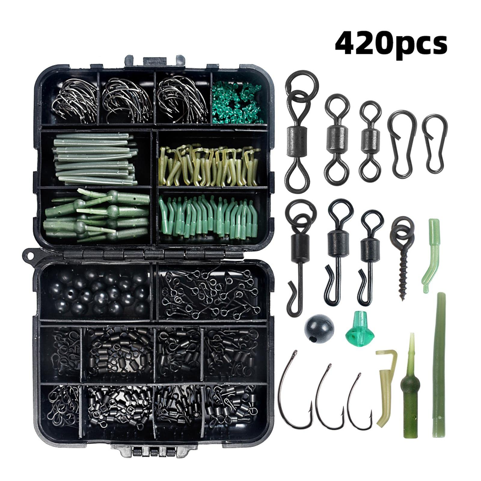 Gralara 420 Pièces D'accessoires de Pêche à La Carpe : Manchons en Silicone Anticorrosion pour La Pêche/côtière, émerillons à Roulement, Hameçons N