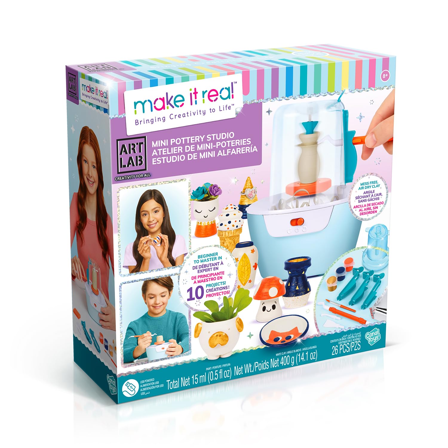 Canal Toys - Art Lab Super Taller de Cerámica – Mini Torno con Cúpula Antidesorden, Arcilla Natural de Secado al Aire -10 Proyectos Guiados - Pinturas y Herramientas - Manualidades Niños 8+ - ART016 | Mini Torno con Cúpula Antidesorden, Arcilla Natural de