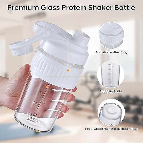Miniatura 2 de Botella pequeña agitadora de vidrio de 16 onzas, paquete de 2 unidades de vidrio de borosilicato proteína en polvo para entrenamiento de gimnasio,