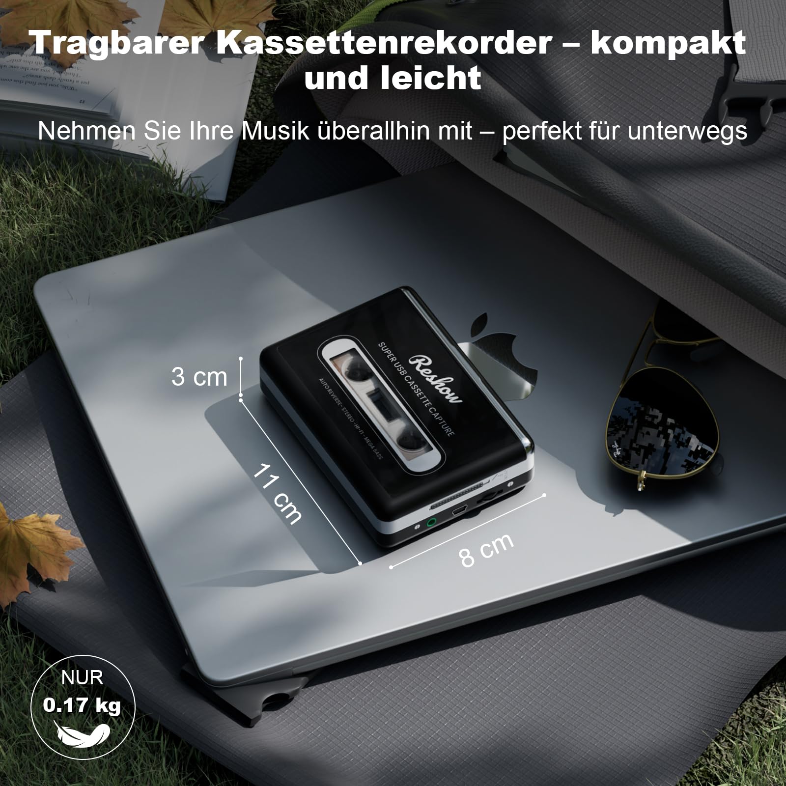 Reshow tragbarer Kassettenspieler, Bandkassetten über USB in MP3 umwandeln & MP3-Musik aufnehmen – Schwarz