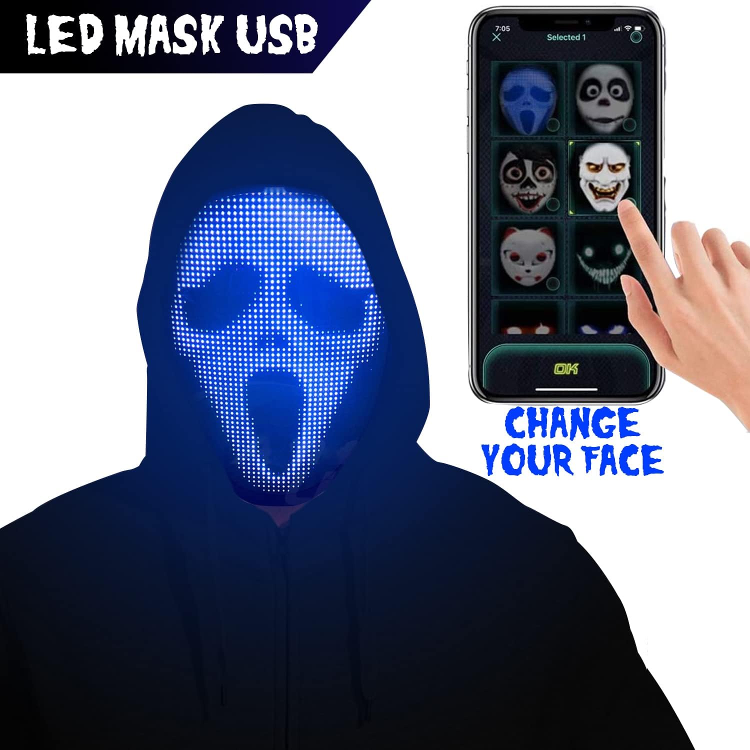 Facemask® LED Connecté: Masque Premium Programmable Bluetooth pour Cosplay et Halloween - Image secondaire