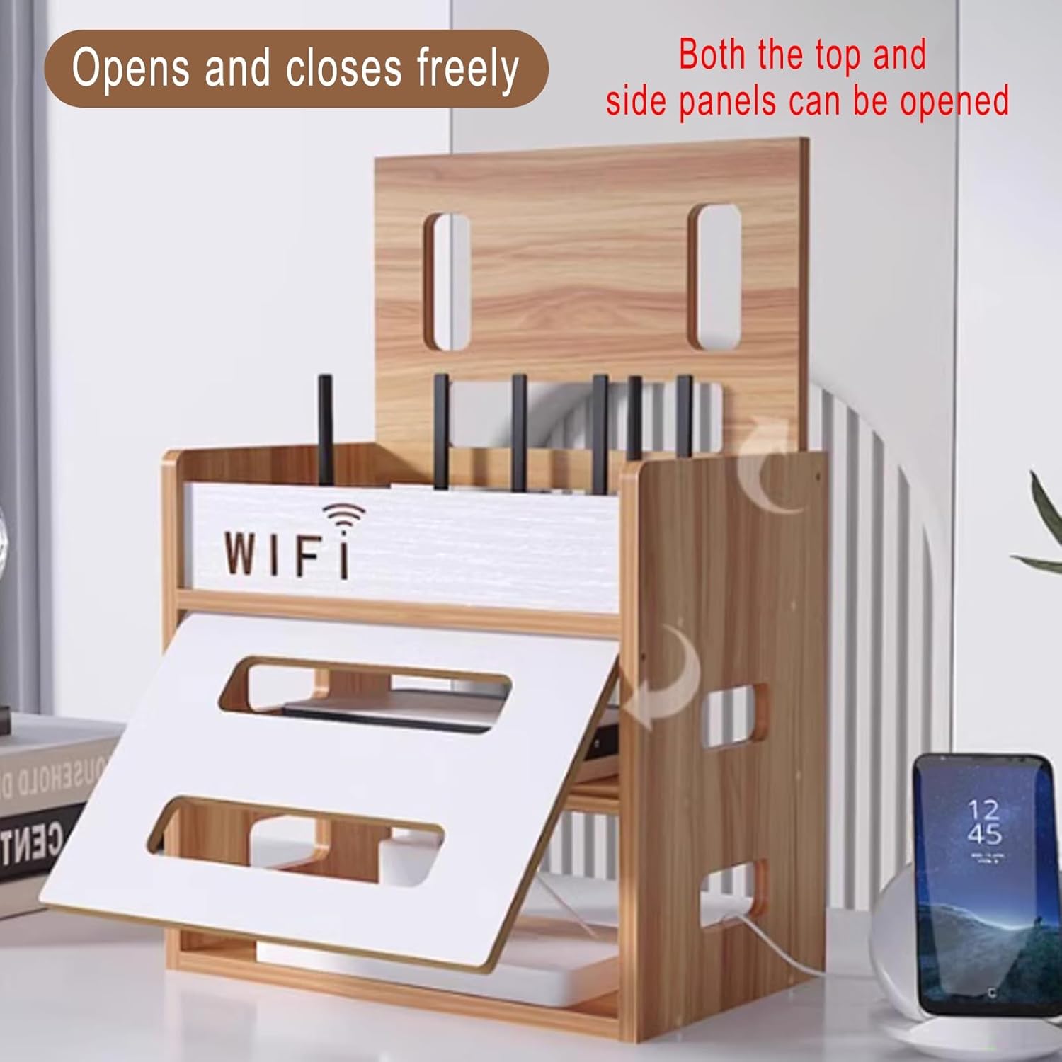Wooden Router Shelf - Desktop WiFi Router Storage Box & Modem Rack, Cable Management Organizer for Home & Office (Brown) - Power Router Hider Box