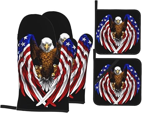 Juego de manoplas de horno y soportes para ollas con diseño de águila patriótica con bandera de Estados Unidos, alta resistencia al calor,