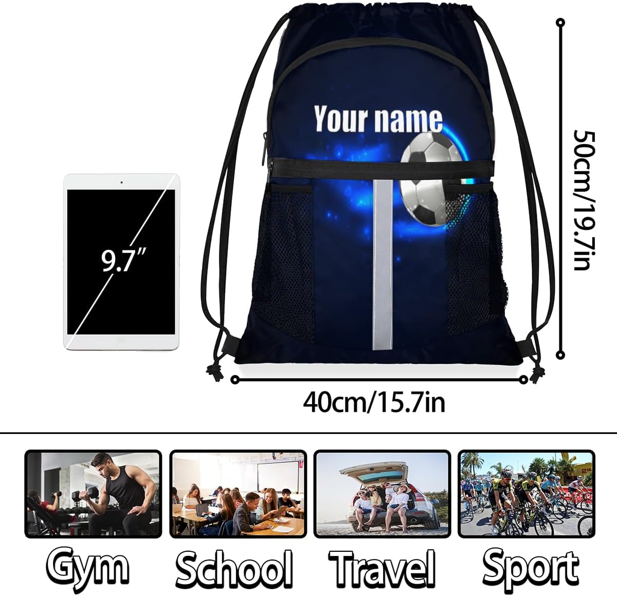 Personalized Drawstring Backpack Soccer Ball String Backpack Lightweight Cinch Sacks Backpack with Shoe Compartment Men Women Custom Gift Bag for Camping Beach Swim Yoga