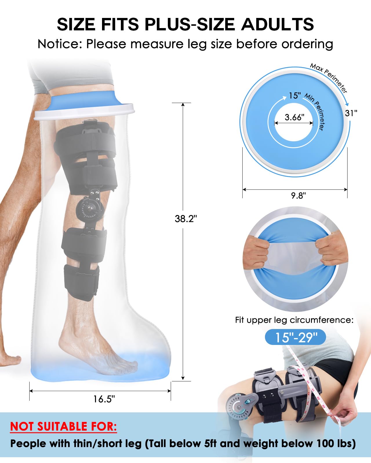 Funda impermeable extra ancha de pierna completa para ducha con parte inferior antideslizante, protector impermeable extra grande para piernas para heridas de cirugía de muslo, pie, tobillo,