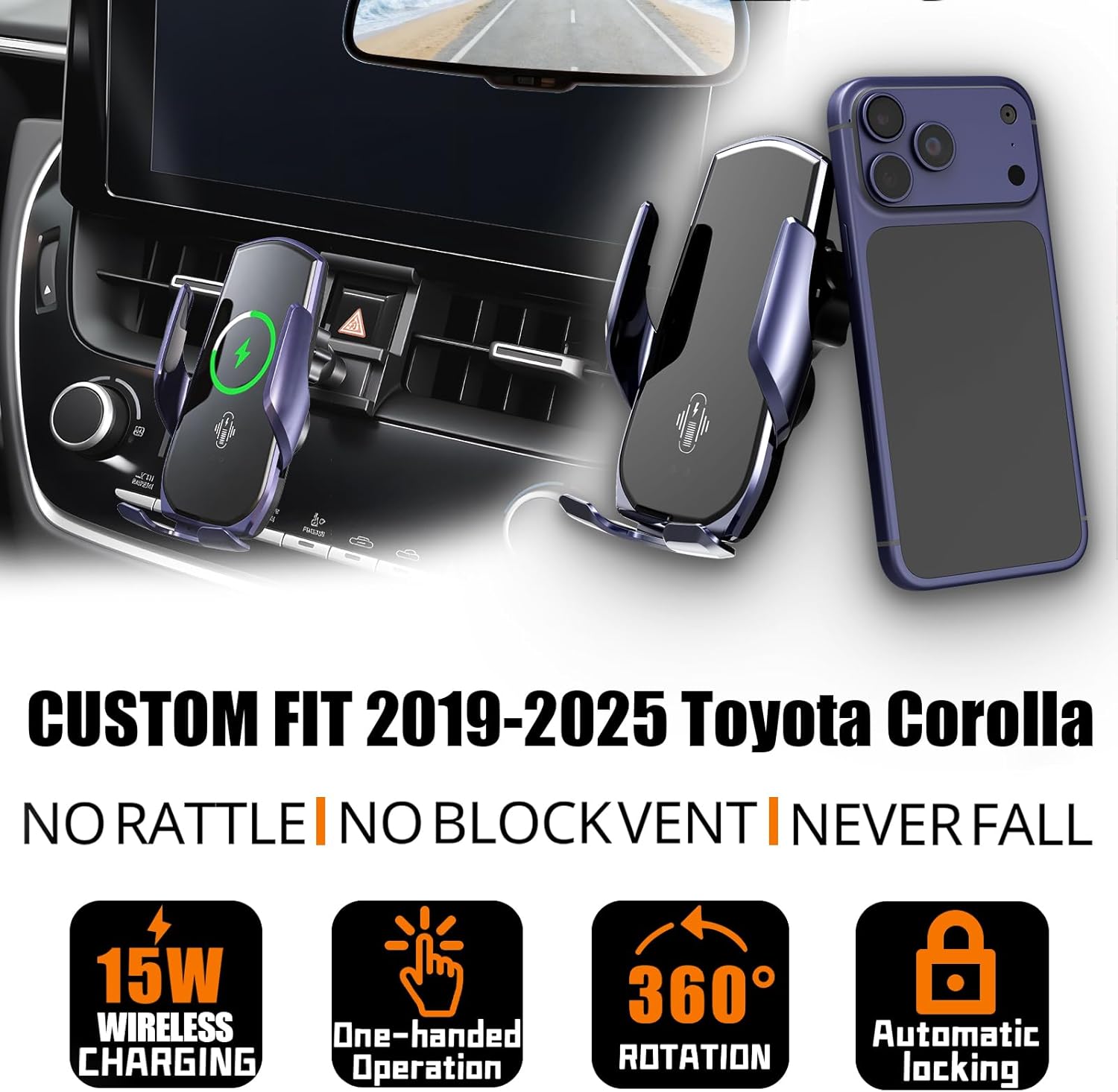 Car Phone Mount for Toyota Corolla 2019–2025, 15W Wireless Fast Charging Auto-Clamping Center Console Phone Holder, One-Hand Operation, Hands-Free, 360° Adjustable, Without Blocking Airflow