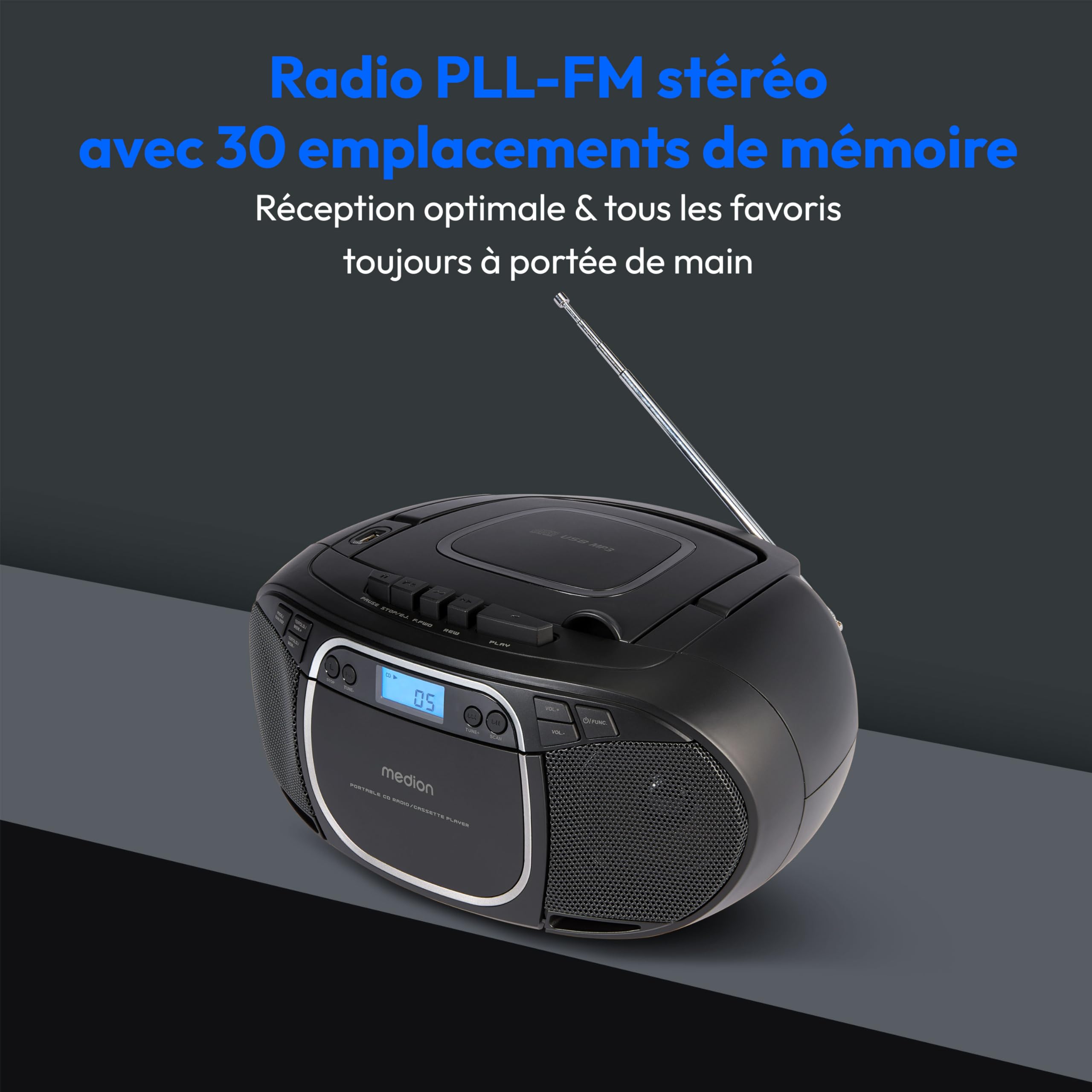 MEDION E66476 Stereo Sound System Boombox CD MP3 Cassette Radio FM AUX Noir