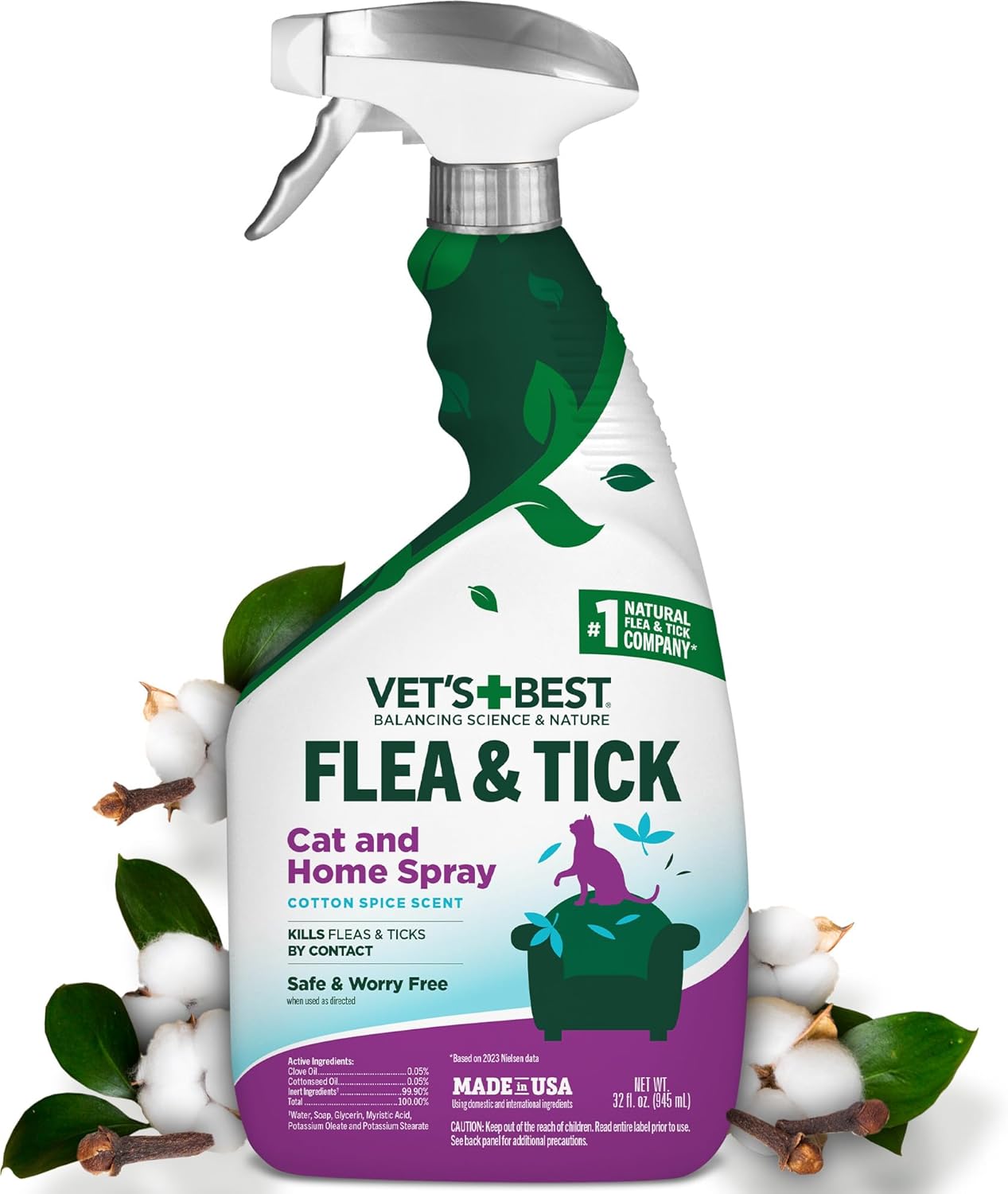 Vet’s Best Natural Cat Flea & Tick Home Spray – Natural Plant-Based Pest Control with Cotton Spice Scent – Indoor Mist Flea Treatment for Cats – Safe & Gentle Formula Made in USA – 32 oz