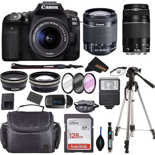 Canon EOS 90D DSLR Camera w/EF-S 18-55mm F/4-5.6 STM Zoom Lens + 75-300mm and Sunshine Professional Bundle (International Version) (Renewed)