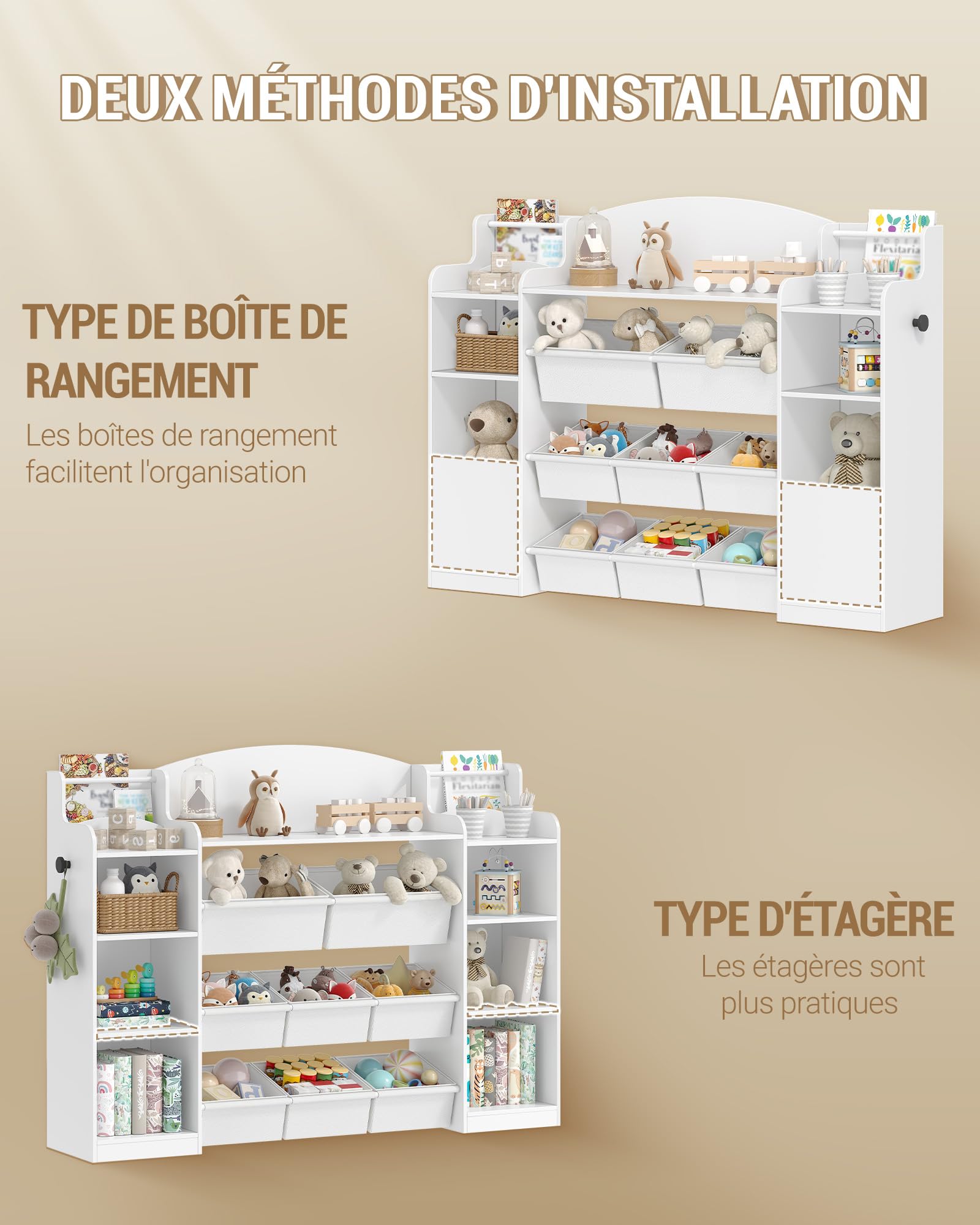 Hzuaneri Bibavecliothèque pour Enfants, étagère en Bois, étagère à Jouets 8 boîtes en Non-tissé pour Chambre d'enfant, Salon, Bureau Blanc 30 x 140 x 104 cm KB43003W