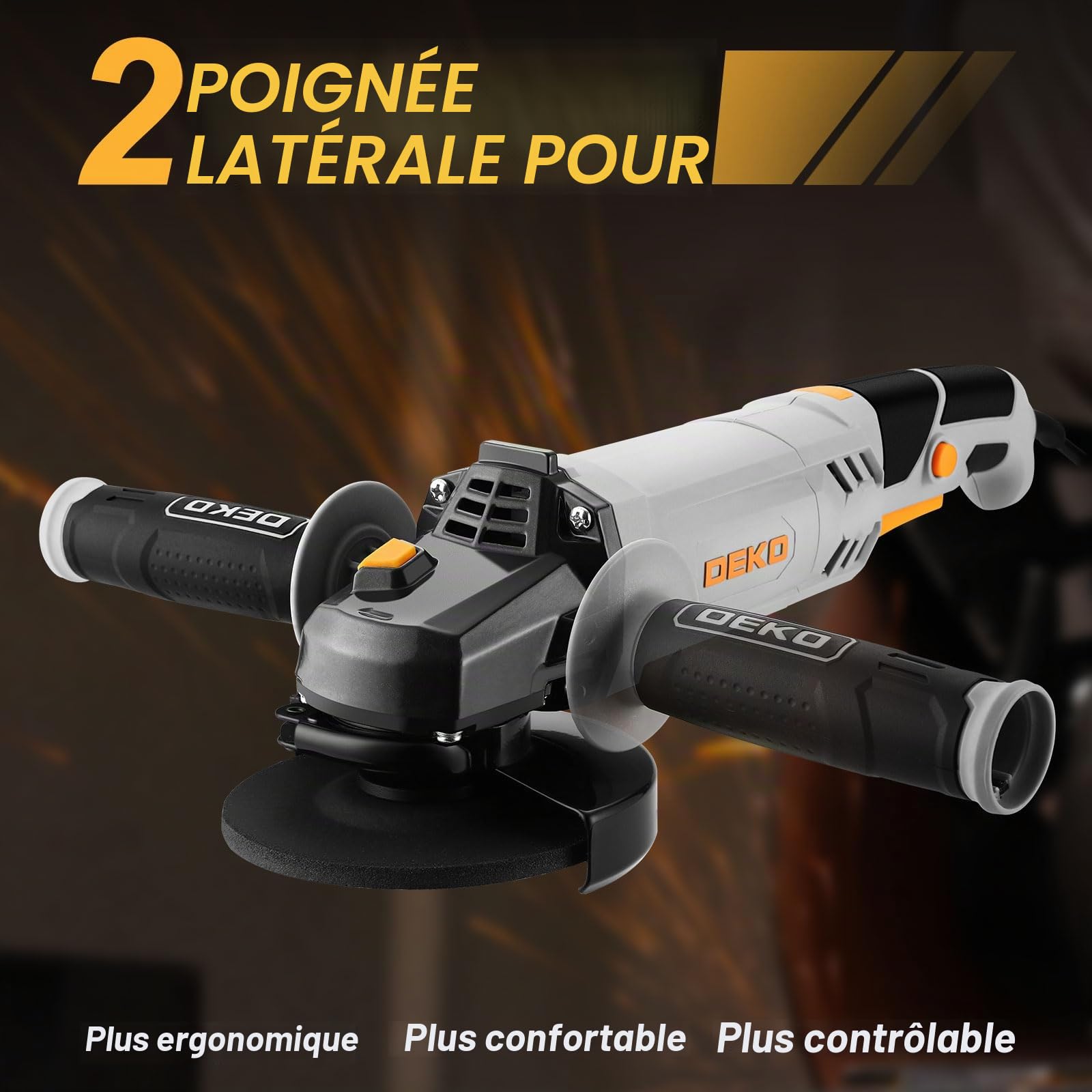 DEKOPRO Meuleuse d'Angle 900W: Ø 125mm Longues Poignées Meuleuse d'Angle Électrique avec Poignée Auxiliaire, Capot de Protection, Écrou de Serrage, Clé à Ergots, pour Meulage, Tronçonnage