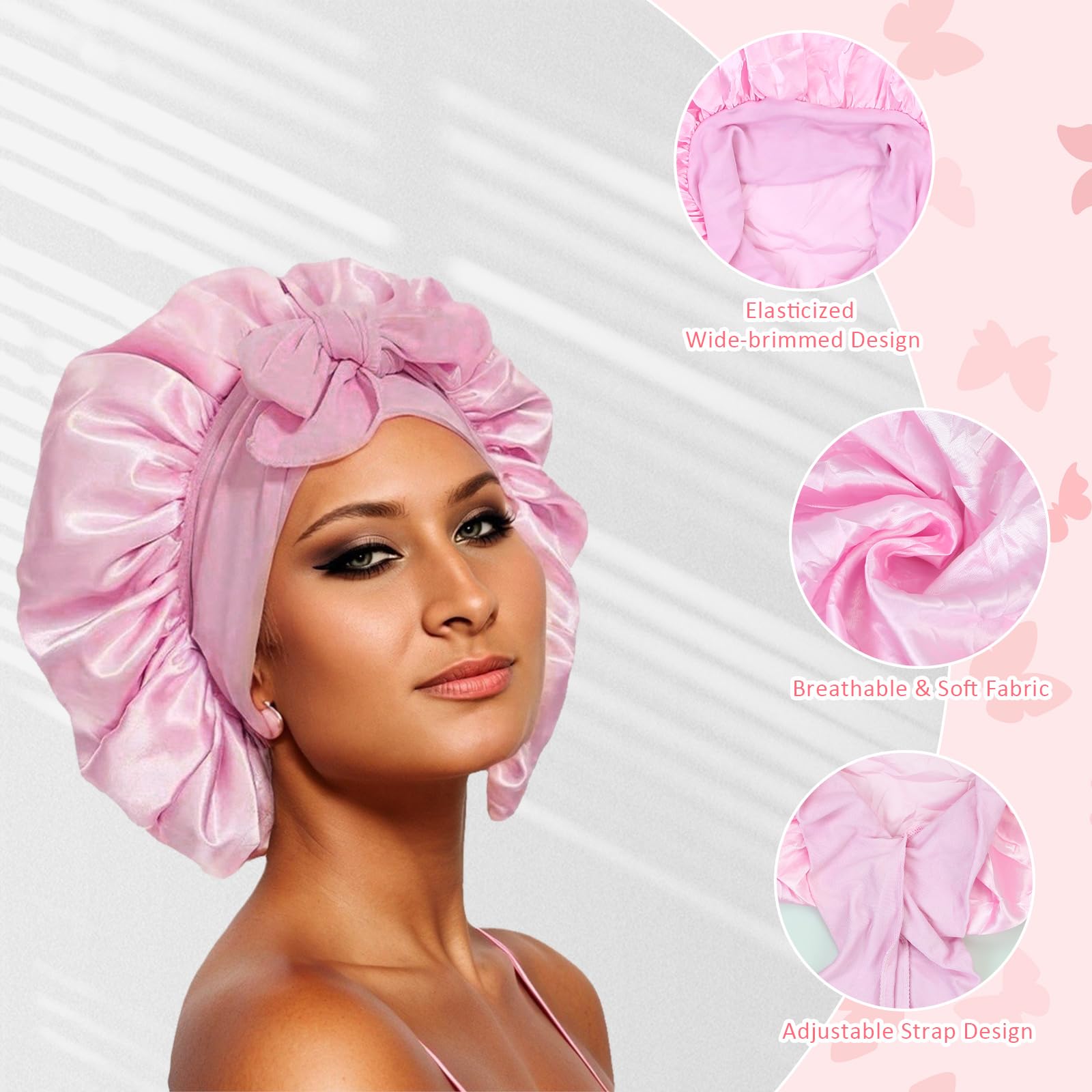 Pack of 2 Silk Bonnet for Sleeping with 2 Satin Hair Bobbles Silk Bonnet Sleep Cap for Women and Girls (Black + Pink, One Size) - Image 3
