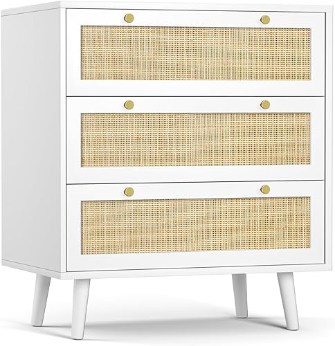 Miniatura 11 de Anmytek Cómoda blanca para dormitorio con 3 cajones, cómoda moderna de madera con 3 cajones, cómoda blanca con amplio almacenamiento de ratán para