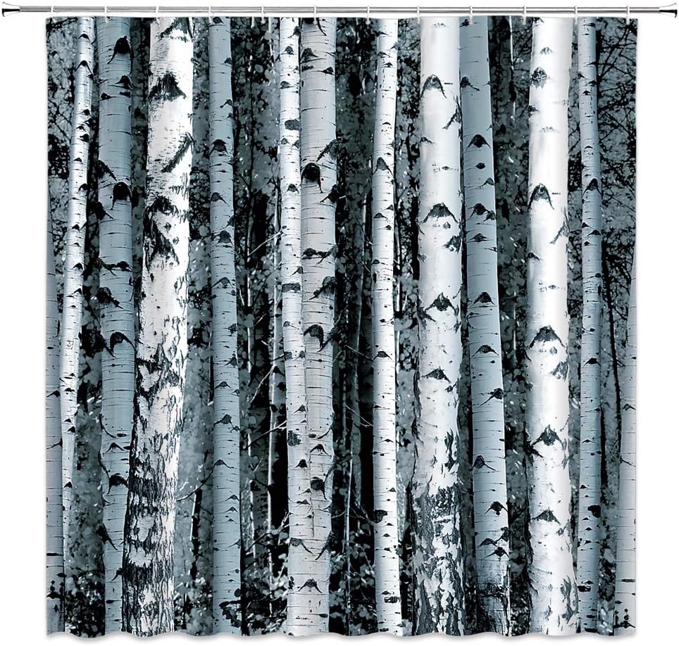 MNSC Birch Shower Curtain Birch Tree Forest Black Blue Abstract Trunk Spring Scenery Nature Branches Grove Botany Seasonal Decor Fabric Bathroom Fabric Bathroom Curtain with Hooks,Grey Blue