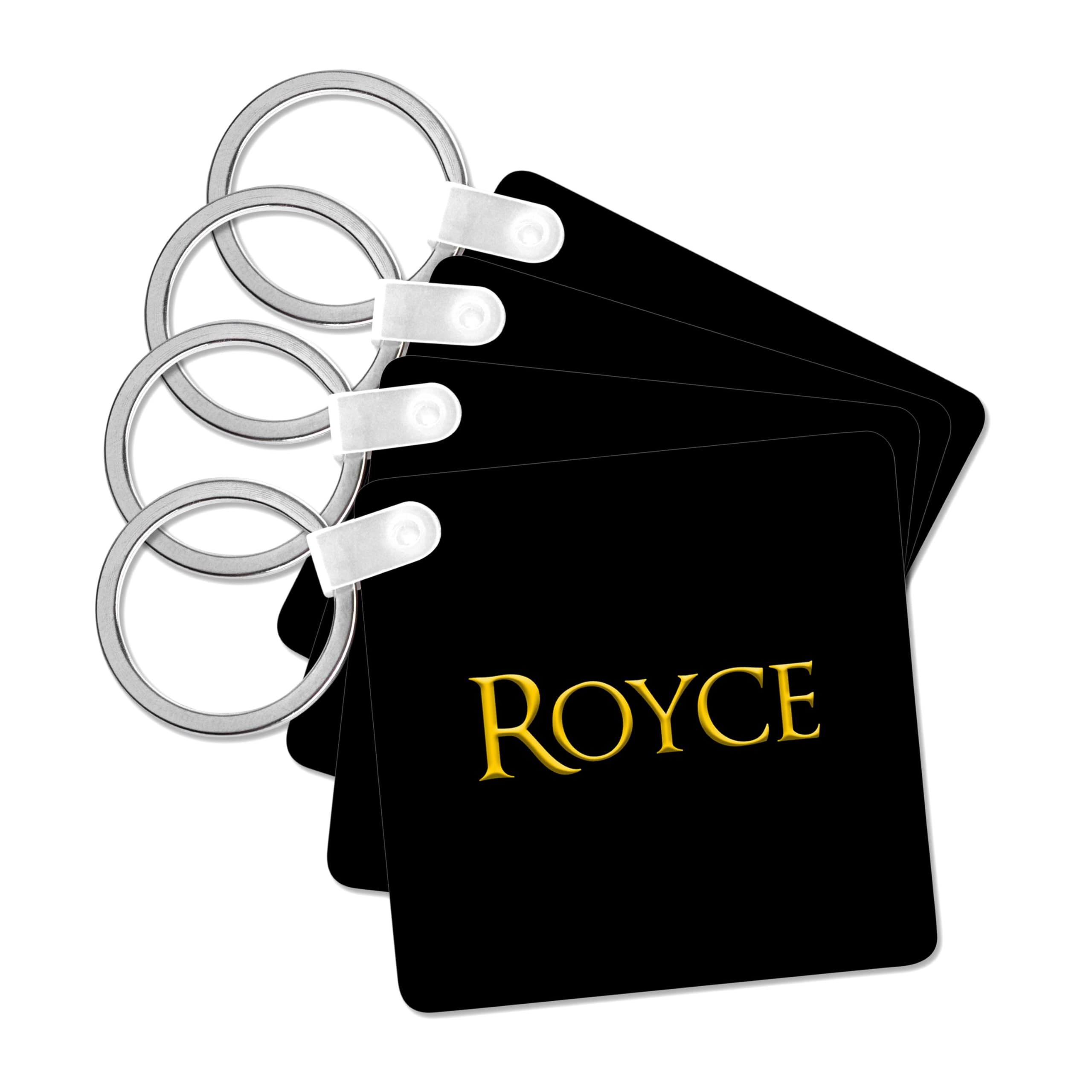 3dRose, Royce beautiful boy name in the America. Yellow on black talisman, set of 4 Key Chains