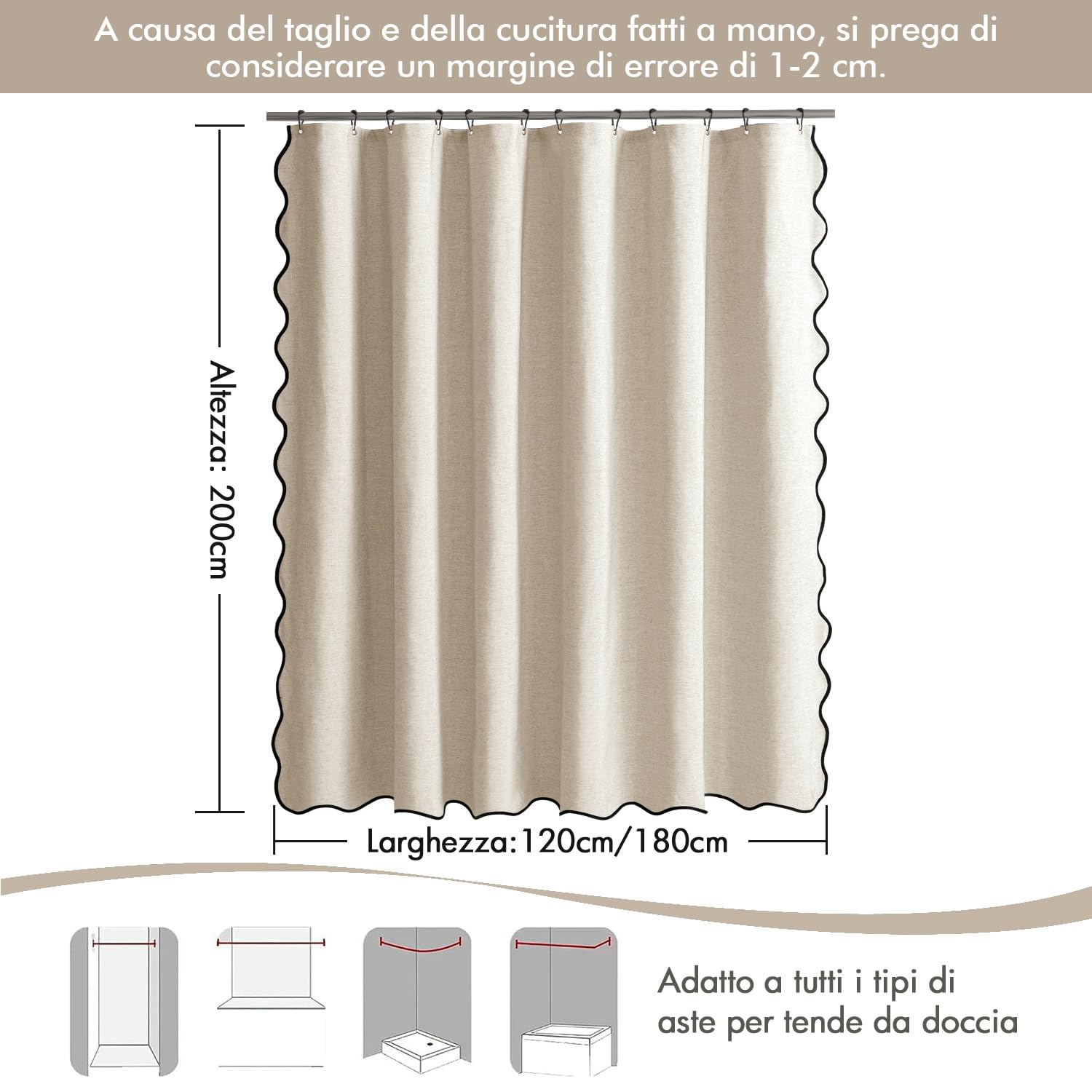 MIULEE Tenda da doccia in lino ondulato 180x200 cm Beige, tende da doccia impermeabili per hotel di lusso, tenda da bagno in tessuto lavabile antimuffa con 12 ganci in metallo.