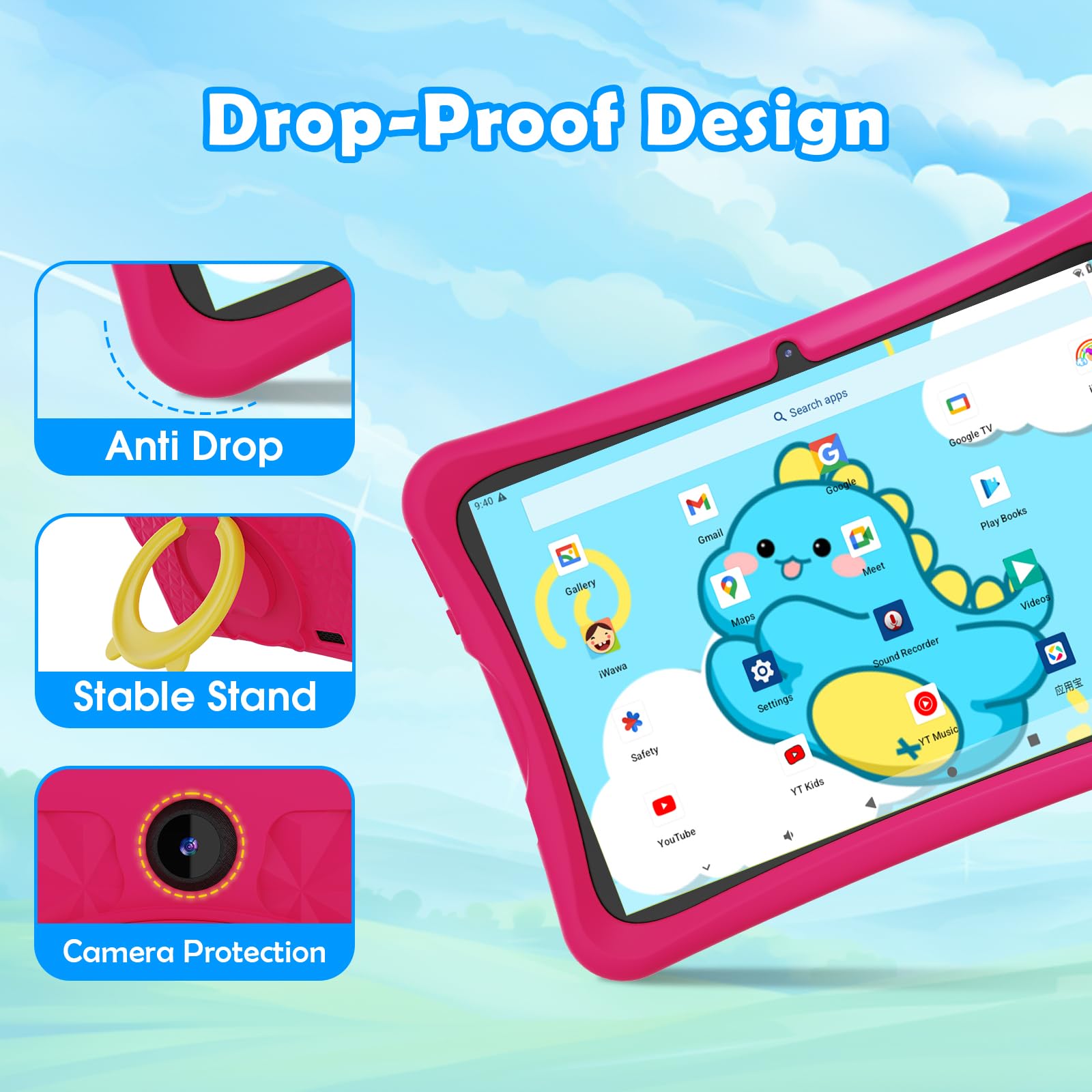 DigiLand Android 15 Kinder Tablet 10,1 Zoll, 6GB RAM + 32GB ROM (erweiterbar), Elternkontrolle, Kinder-Apps vorinstalliert, Doppelkamera, inkl. robuster Schutzhülle (Rosa)