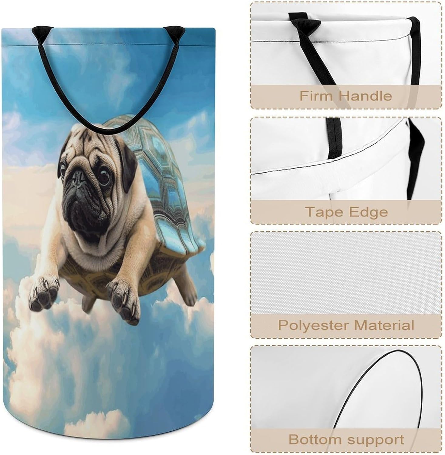 Funny Turtle Pug Dog in The Sky Laundry Hamper with Handles Waterproof Collapsible Laundry Basket Large Lightweight Round Dirty Clothes Hamper for Home Dorm Bathroom Decor