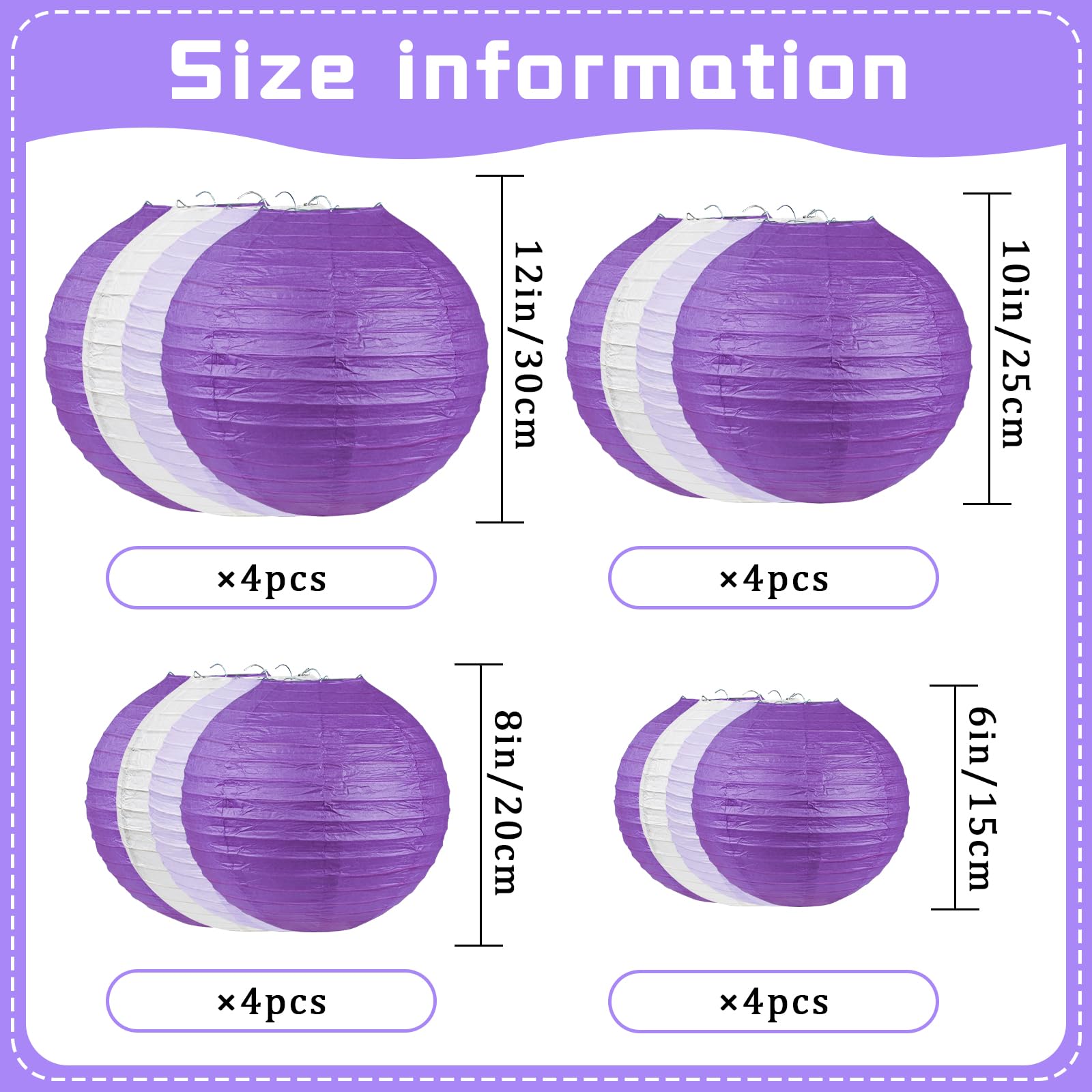 Peywot 16Pcs Bulk Lavender Purple White Round Paper Lanterns (6