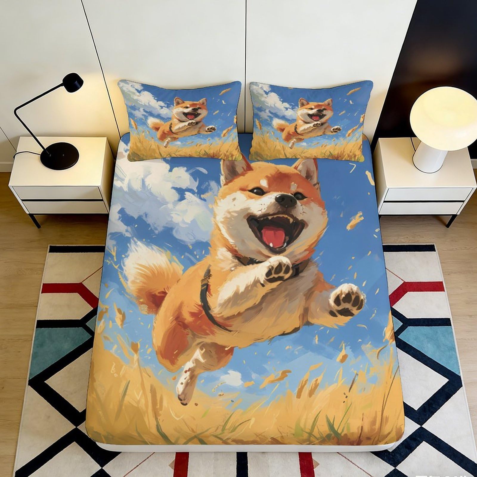 3D Printed Shiba Inu Cartoon Fitted Sheet Microfiber Soft Bed Cover for Bedroom Dorm Room Mattress Decor 90x200x25cm