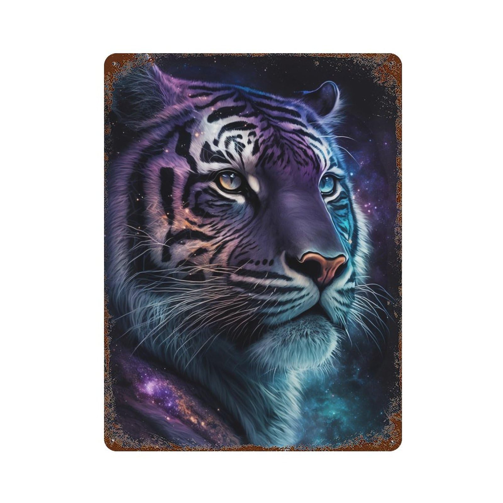 Rust Effect Cosmic Tiger Portrait-6 Distressed Metal Wall Sign 15.7"x11.8", Farmhouse Wall Decor for Office, Studio And Wall Decor