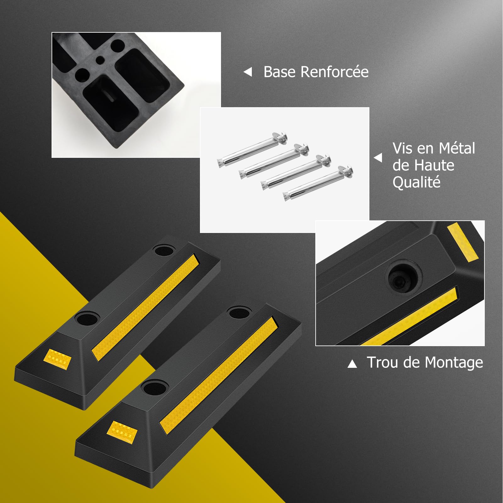 GOPLUS Lot de 2 Butées de Roue pour Stationnement De Véhicule, Caoutchouc Durable et Robuste, Bandes Réfléchissantes, Intérieur Extérieur, pour Pneus de Voiture, Camion, Camionnettes, pour Garage