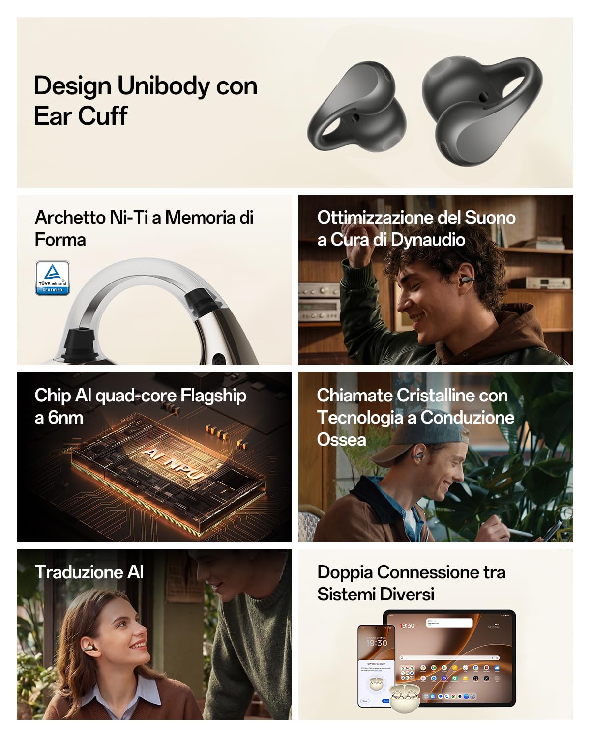 OPPO Enco Clip2 Cuffie Open-Ear, Doppi Driver 11mm+9mm, Bluetooth 6.1 Suono Dynaudio, Comfort EarHug, Audio Hi-Res LHDC 5.0, 40H Autonomia, Chiamate Ossee Nitide, Luminous Gold