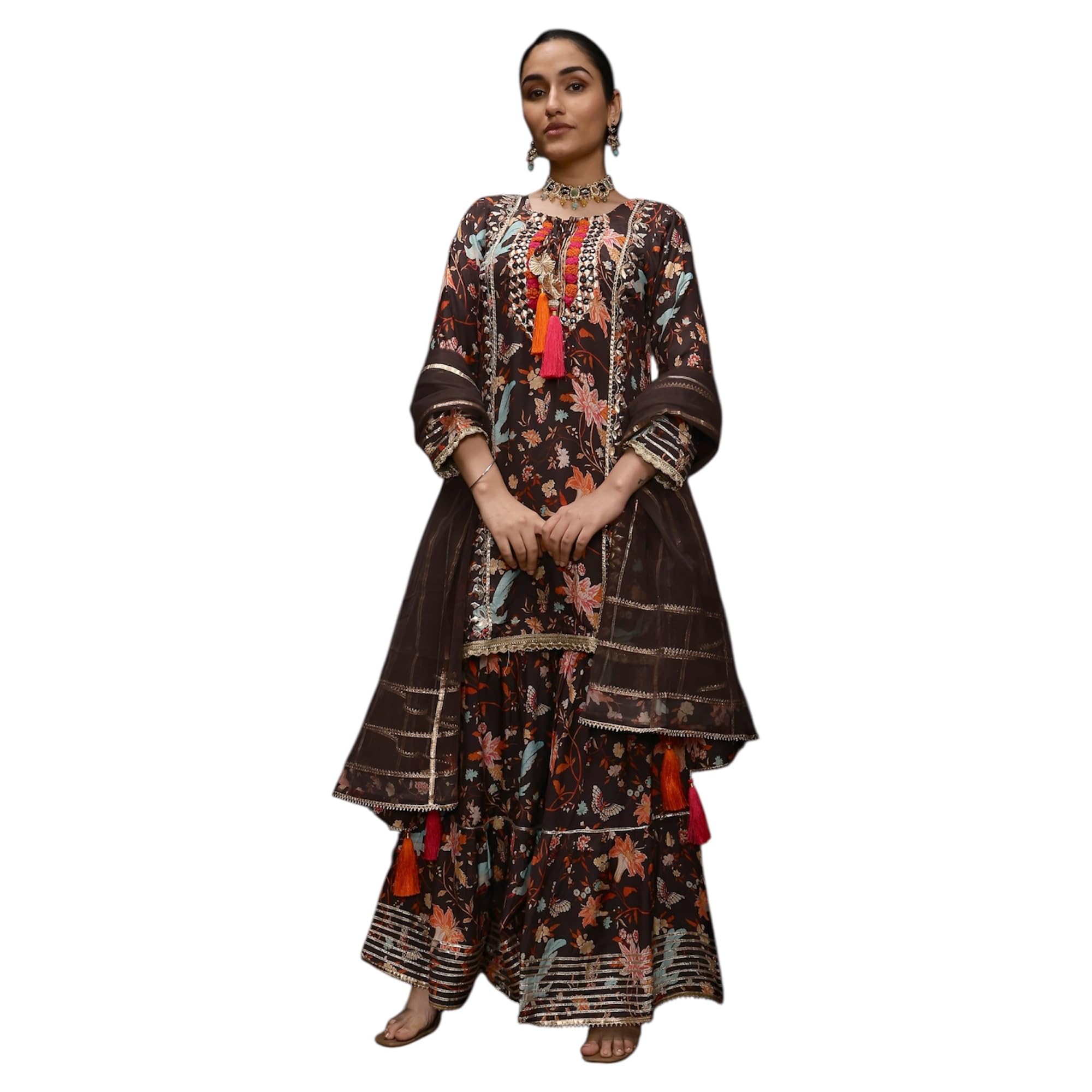 Womens Embroidered Floral Print Kurta Set with Palazzo and Dupatta Brown Traditional Pakistani Style