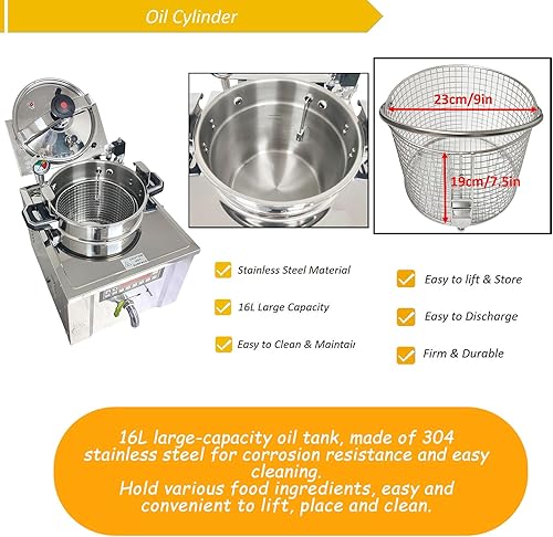 Miniatura 5 de Freidora a presión comercial de 16L, freidora eléctrica inteligente con 5 preajustes, tubo de calefacción exterior para aceite más saludable,