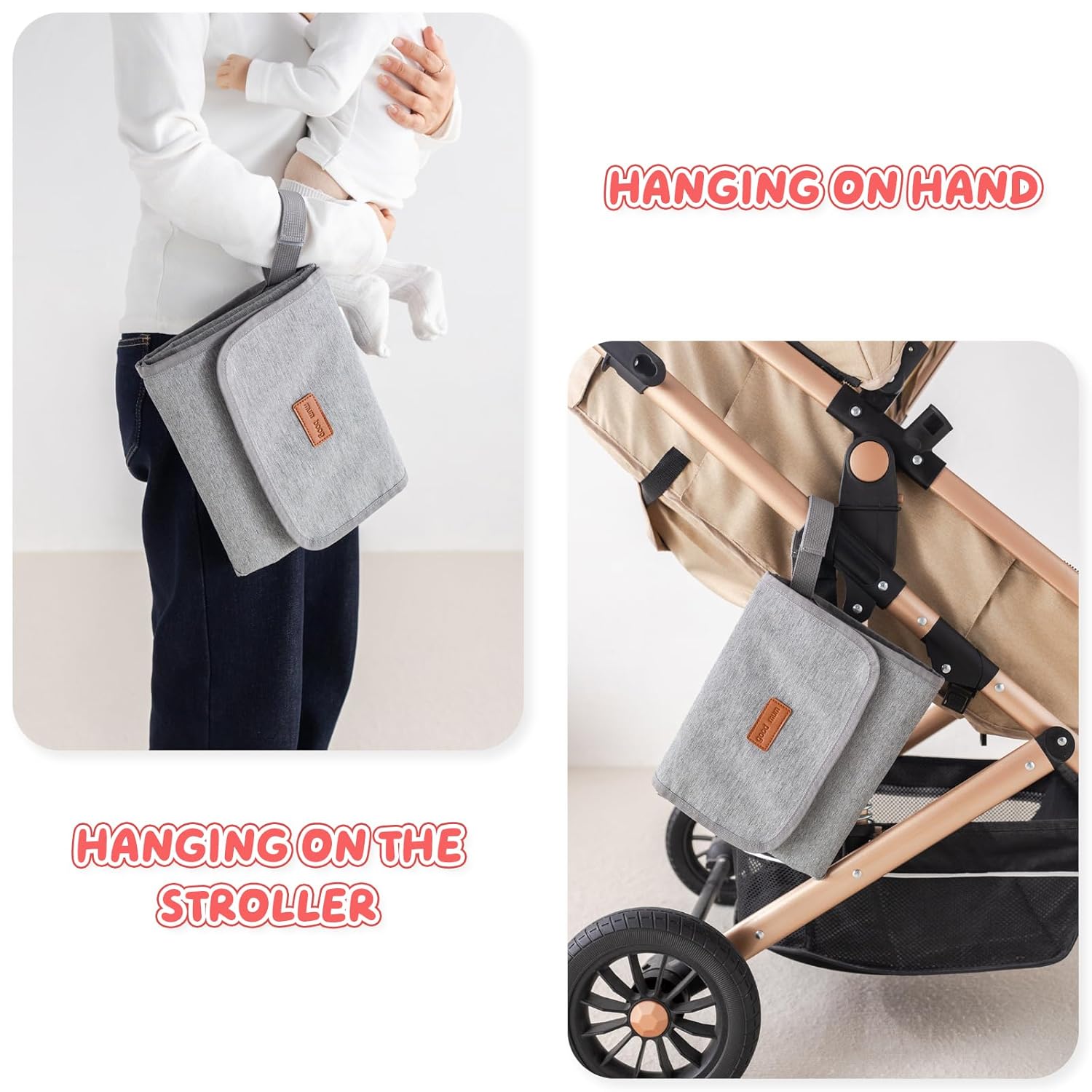 Portable Changing Pad for Travel, Waterproof & Wipe-Clean Changing Mat with Storage Pocket, for Diaper Bag,Grey