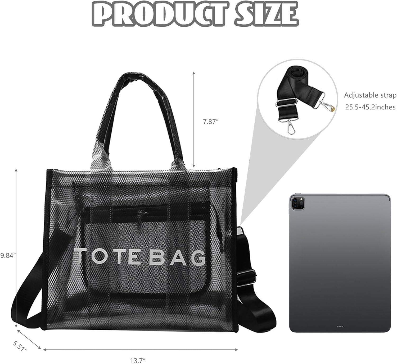 WREWING Clear Tote Bag for Women, Large Mesh Beach Bag, PVC Clear Crossbody Bags with Zipper, Stadium Bag for Travel Sports - Image 6