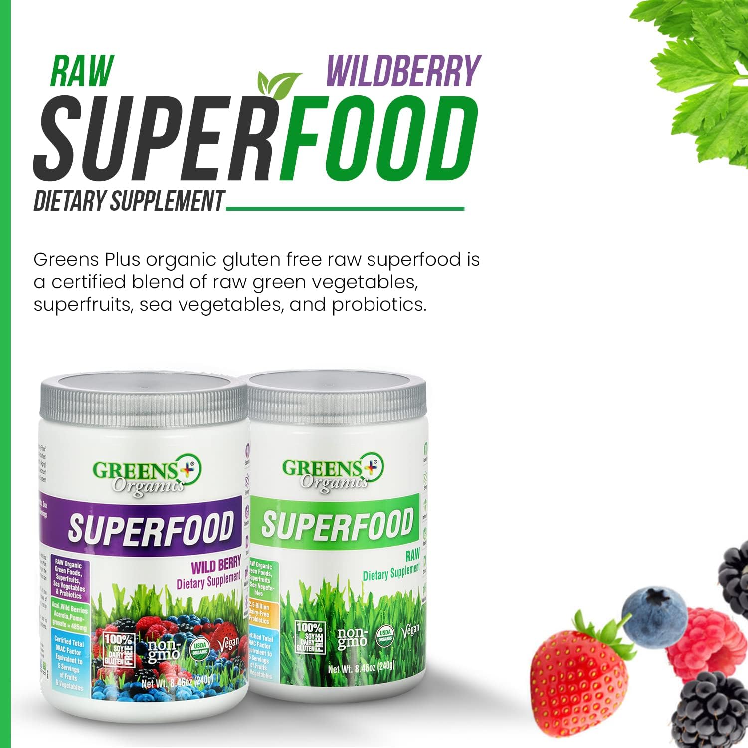 Greens+ Organic Superfood Powder, Raw superfood & Wild Berry Powder, Gluten Free Superfood Powder, Infused with Probiotics, USDA Organic, Bundle (Pack of 2)