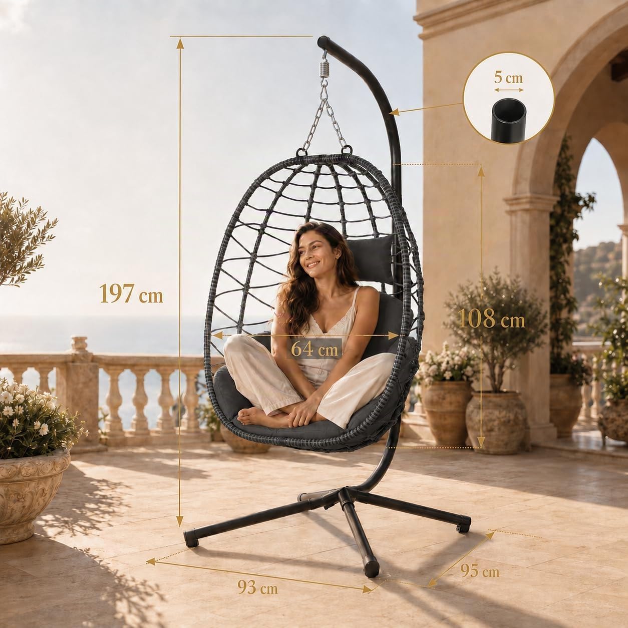 Fauteuil Suspendu avec Armature Coussins pour l'intérieur et l'extérieur - Balançoire Suspendue Rotin Base Robuste Jusqu'à 150 kg Hauteur Réglable - pour Salon, Balcon, Terrasse en Gris