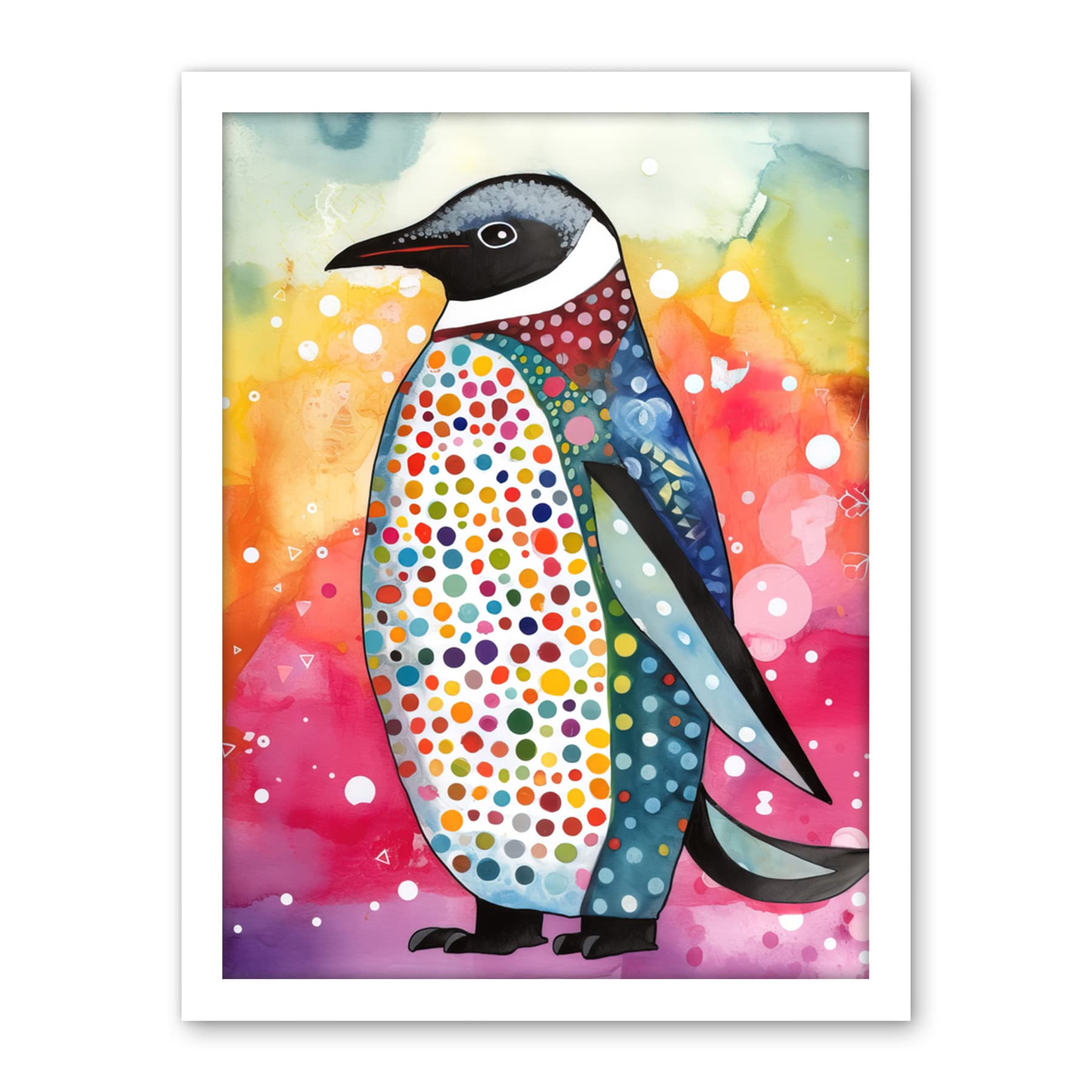 Artery8 Cute Multicoloured Spot Penguin Folk Art Artwork Framed Wall Art Print 18X24 Inch