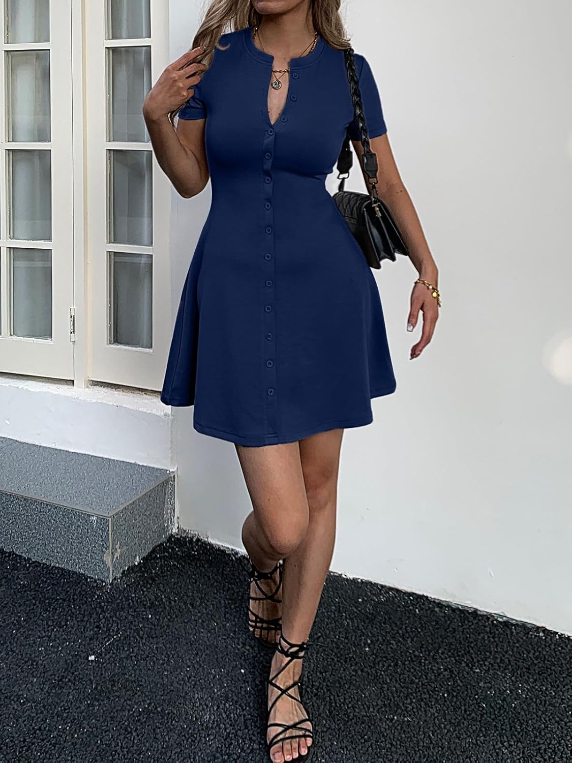 Women's Summer Button Down A Line Flare Mini Dress Casual Crewneck Flowy Hem Bodycon T Shirt Semi Formal Short Dress - Image 2