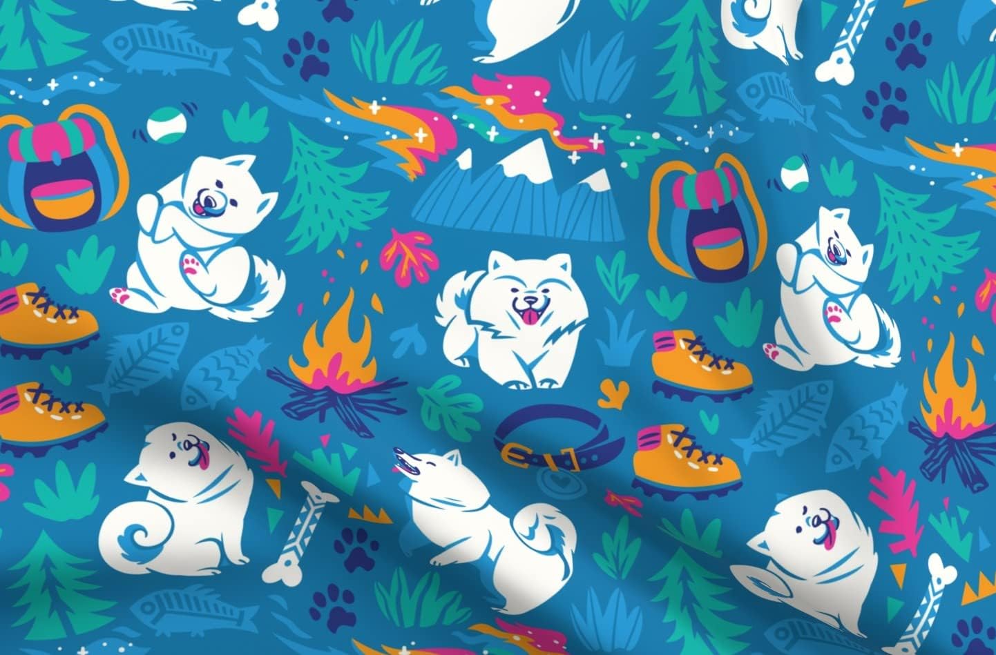 Spoonflower Fabric - Hiking Samoyed Dogs Husky Puppy Camping Travel Printed on Minky Fabric by The Yard - Sewing Baby Blankets Quilt Backing Plush