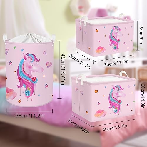 Miniatura 7 de Clastyle Cesta rectangular de unicornio rosa para niñas, con diseño de estrella de nube, corazón, para baby shower, ropa, toalla, libro, juguetes,