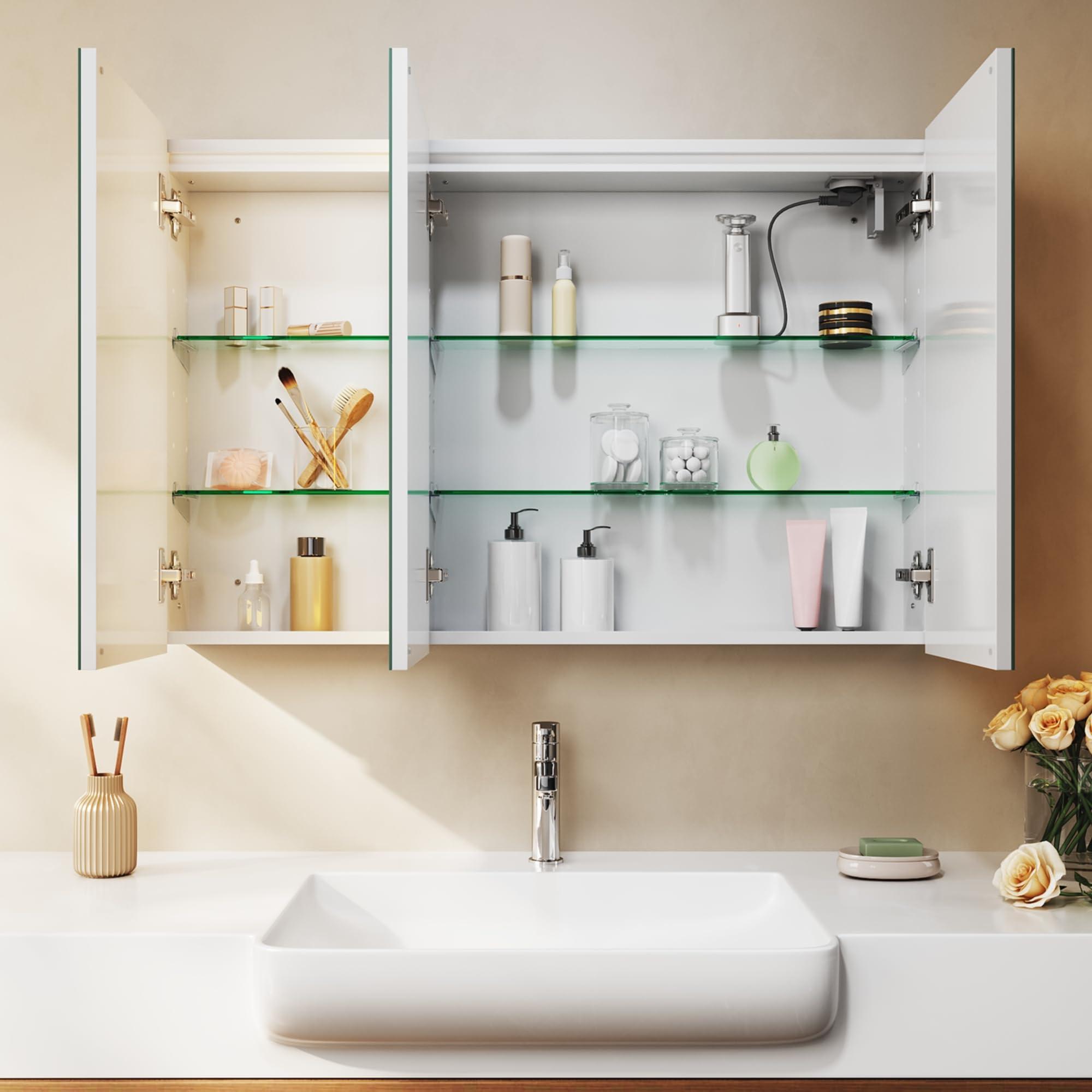 SONNI Szafka łazienkowa z lustrem 90 x 60 cm, z oświetleniem i gniazdkiem, IP44, wodoszczelna i nadaje się do wilgotnych pomieszczeń, 3-drzwiowa szafka łazienkowa, 3 kolory, możliwość ściemniania
