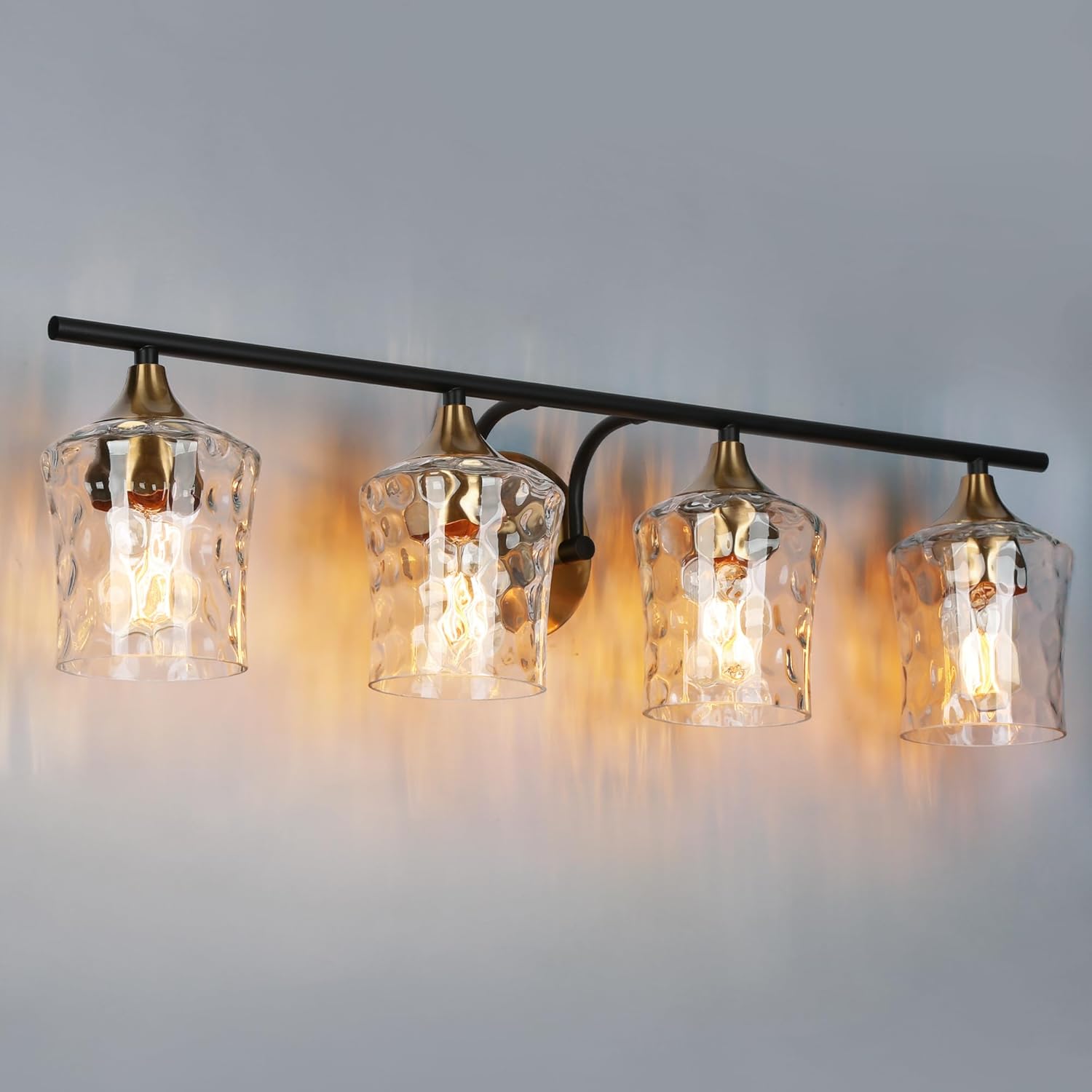 KSANA 28" Large Bathroom Vanity Lights, 4 Light Mid-Century Modern Vanity Light with Textured Glass Shade Black and Electroplated Brass Bathroom Light Fixtures for Hallway, Entryway