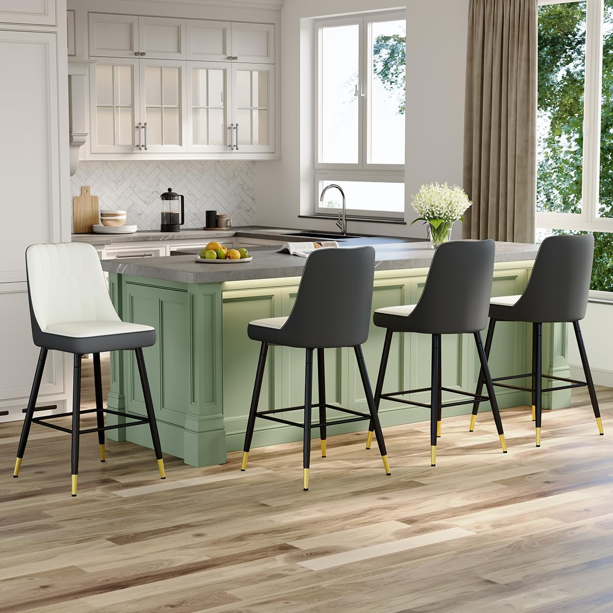 27" Bar Stools Set of 4 - Counter Height Bar Stools Set of 4,Faux Leather Kitchen Island Stools with Sturdy Chrome Metal Leg,Counter Height Stools with Backs,Easy to Assemble