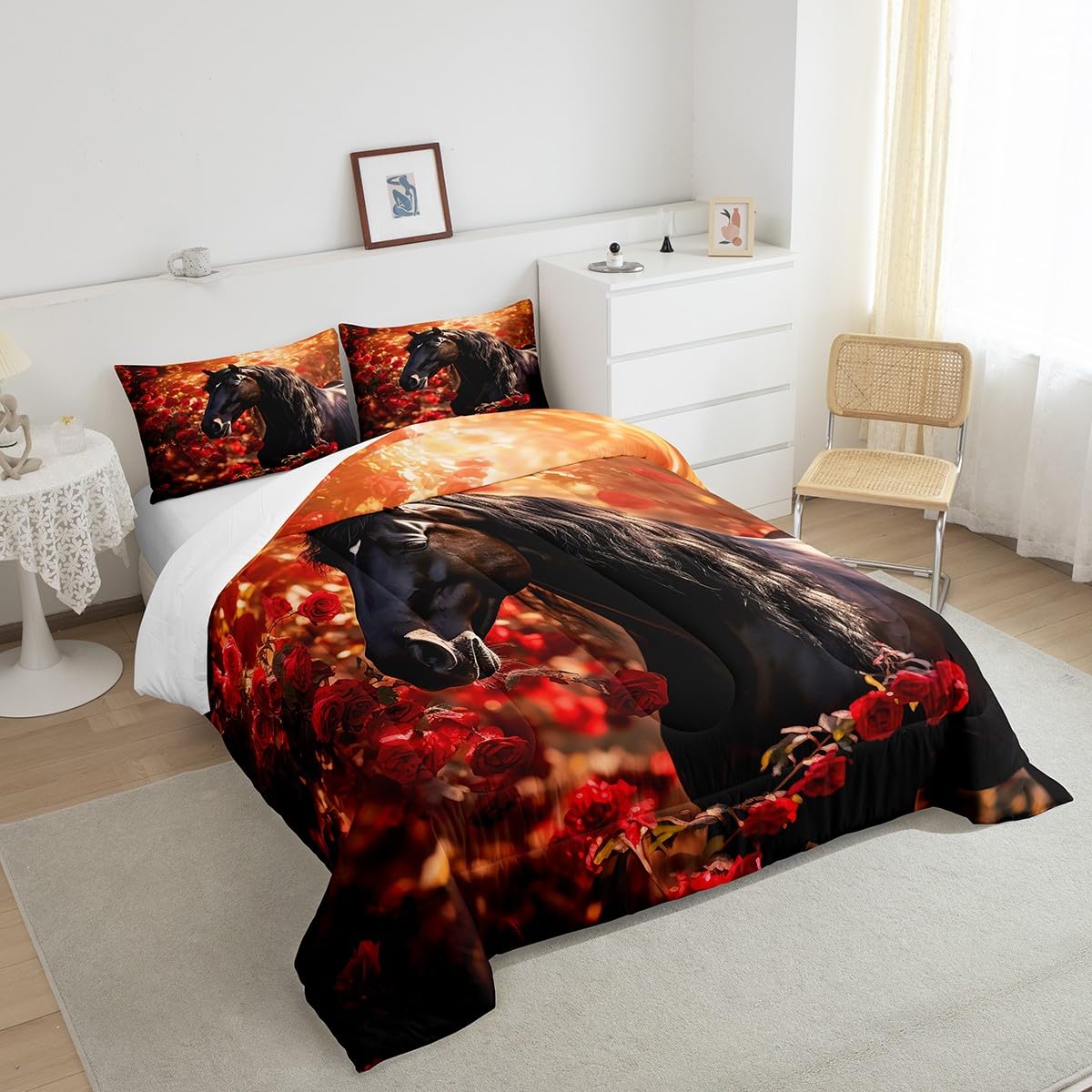 Feelyou Juego de edredón de caballo para niños y niñas, tamaño individual, edredón de caballo galopante, juego de ropa de cama floral de rosas para niños y adolescentes, juego de edredón para