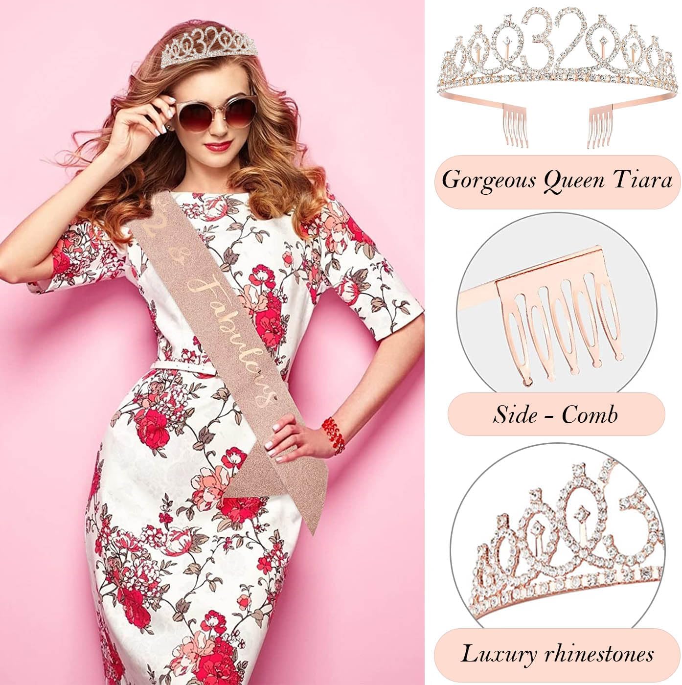 32nd Birthday Decorations for Her Women, Including 32 year old Birthday Cake Topper, Queen Sash with Pearl Pin, Sweet Rhinestone Tiara Crown, Number Candles and Balloons Set, Rose Gold - Image 3