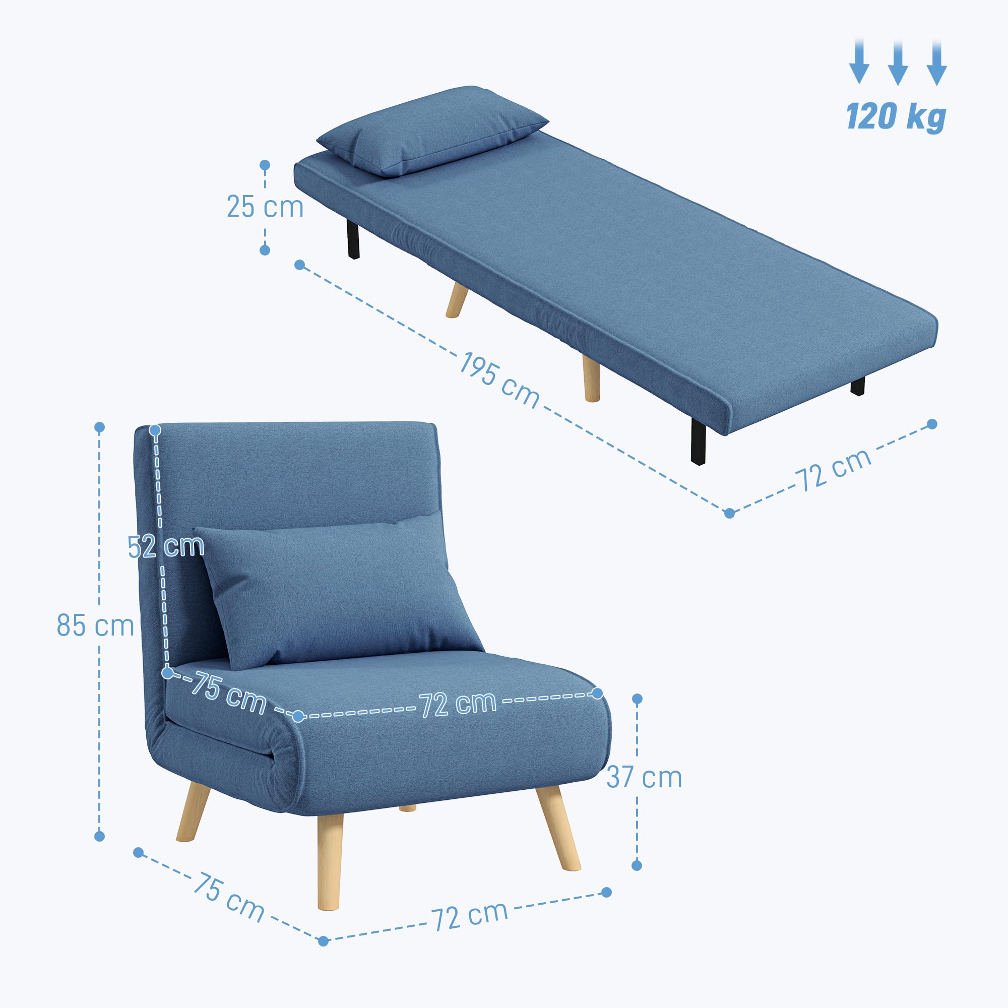 HOMCOM 3 en 1 Fauteuil Convertible 1 Place, Fauteuil lit et chauffeuse - Dossier inclinable 5 Niveaux et Oreiller Inclus, siège rembourré - pour Bureau, Salon, Chambre à Coucher, Bleu