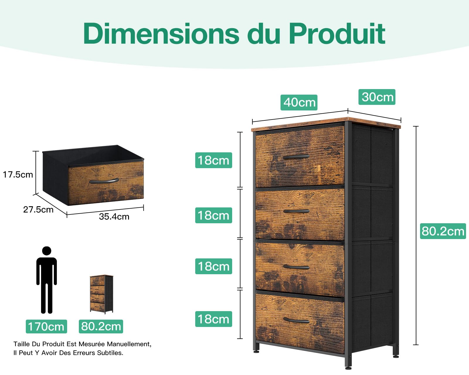 Coleshome Commode Chambre Adulte, avec 4 Tiroirs, Petite Commode Haute avec Tiroir en Tissu, Cadre en Acier Robuste, Plateau en Bois, Convient pour la Chambre et Le Salon, Couleur Vintage