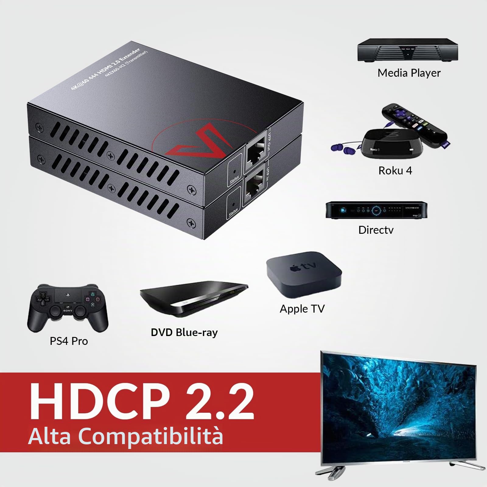 AV Access Estensore HDMI UPT 50m 4K60Hz, HDR10 e 3D, 2.0, HDCP 2.2, Gestione EDID + CEC, PoE a 2 Vie + IR + RS232, Estensore Su Ethernet Tramite Cavo Cat6/6a/7