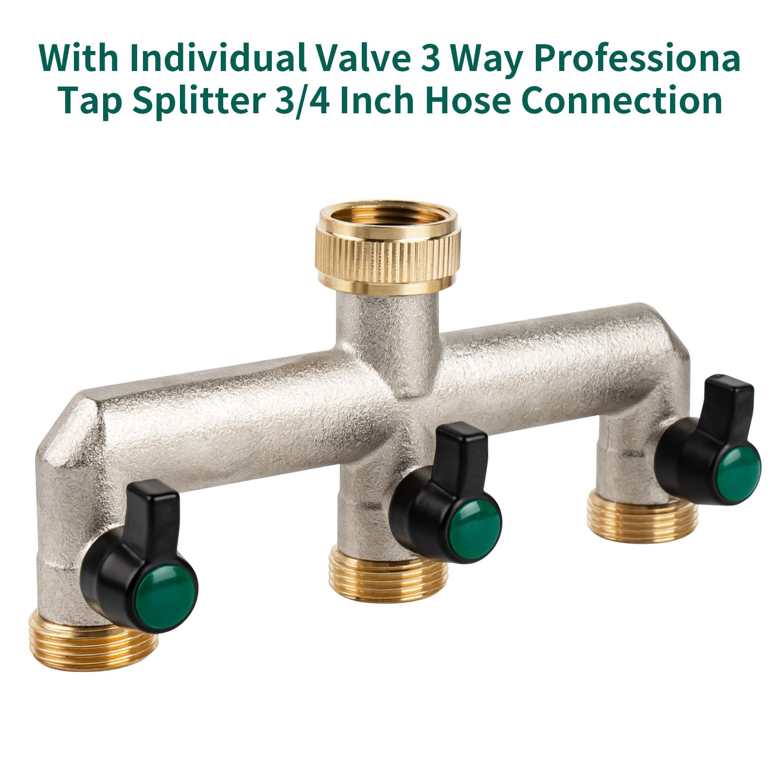 Tesmotor Distributore d'Acqua a 2/3/4 Vie in Ottone, Rubinetto da Giardino con Separatore di Tubi 3/4" e Valvole a Sfera Separate, Filettature Standard Europee da 3/4" Femmina a 3/4" Maschio (3 Vie)