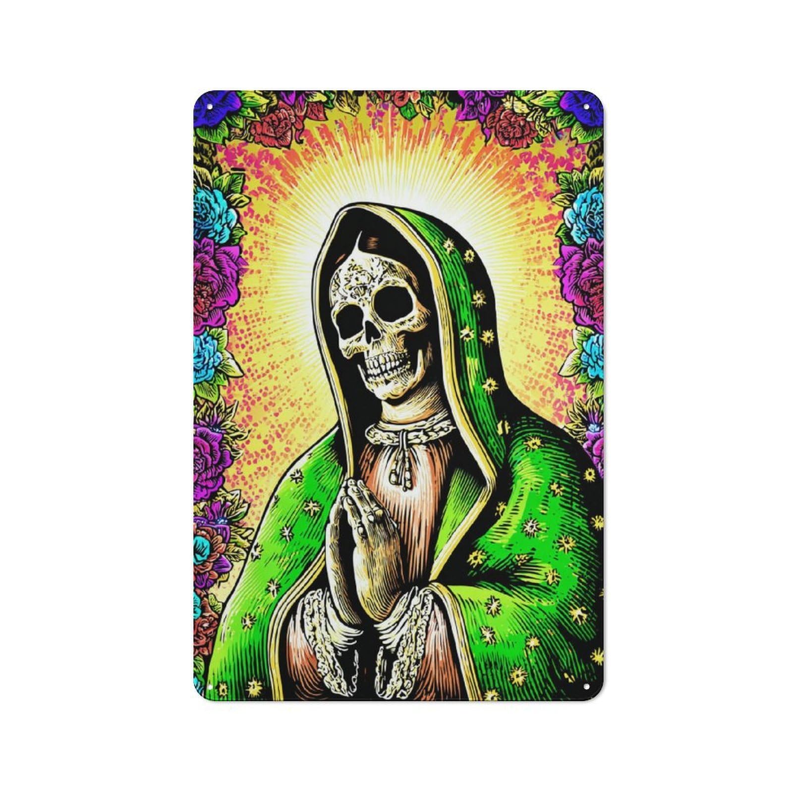 Junmoney Skull Virgin With Flowers Rustic Metal Sign 30X20cm For Café Or Restaurant, Suited To Café Owners And Decorators